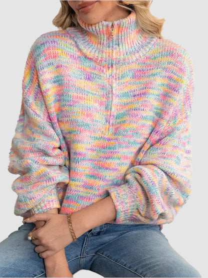 Hot Sale-Women's Oversized Rainbow Marled Half Zip Knit Sweater