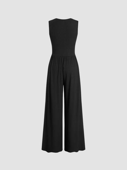 V-neck Ruched Solid Wide Leg Jumpsuit