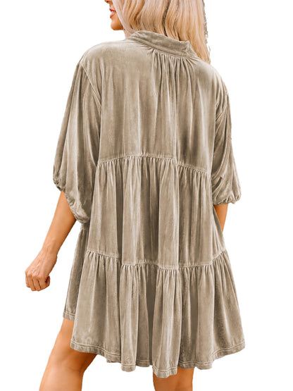 Velvet Babydoll Holiday Party Top 🍂 3/4 Lantern Sleeve Button Front Tunic