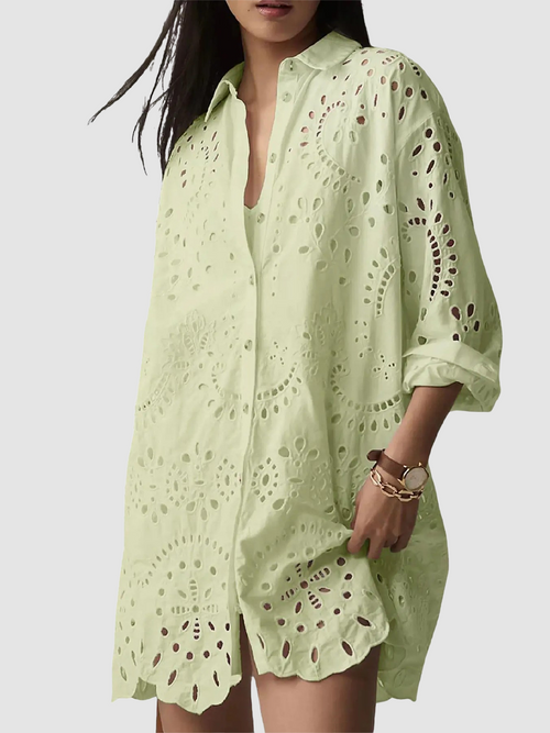 Oversized Eyelet Embroidered Long Sleeve Shirt Dress