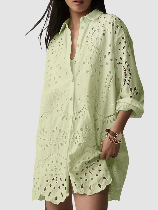 Oversized Eyelet Embroidered Long Sleeve Shirt Dress