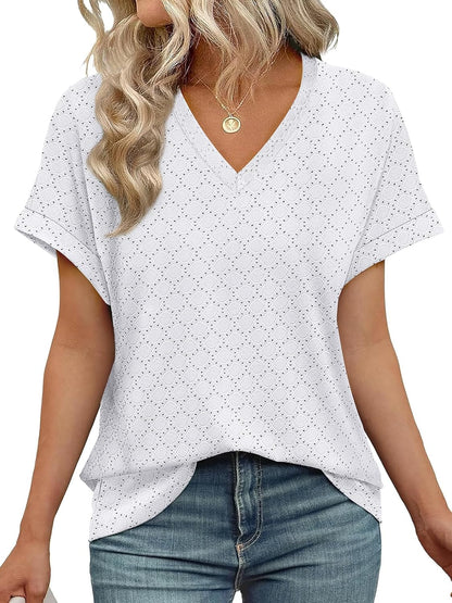 ✨Women's V Neck Eyelet Dressy Casual Basic Short Sleeve Tees