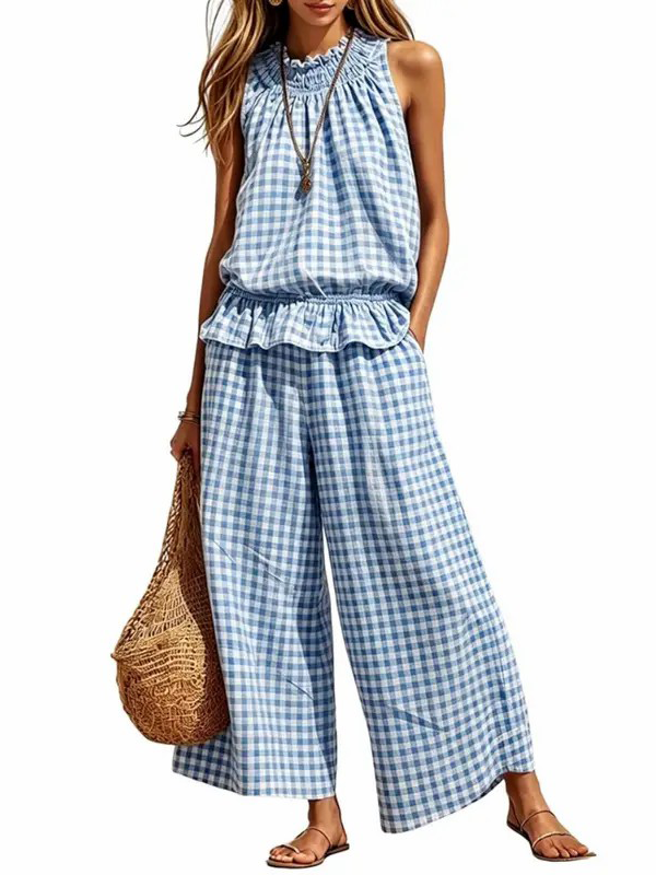 Women's 2 Piece Set Outfits Gingham Plaid Sleeveless Ruffle Top Wide Leg Pants
