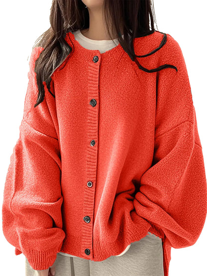 Loose Round Neck Knit Cardigan & Basic Button‑Up Lantern‑Sleeve Outer Top