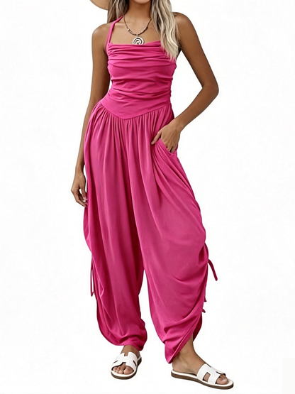Women Halter Square Neck Sleeveless Ruched Barrel Wide Leg Side Cinch Jumpsuit