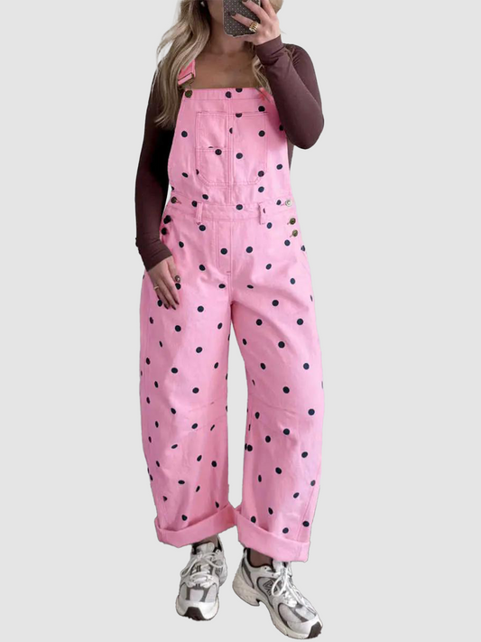 Women Loose Wide Leg Polka Dot Denim Overalls With Pockets