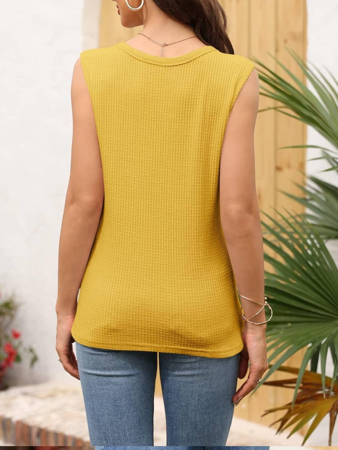 ✨Womens V Neck Waffle Knit Summer Casual Sleeveless Loose Tank Tops