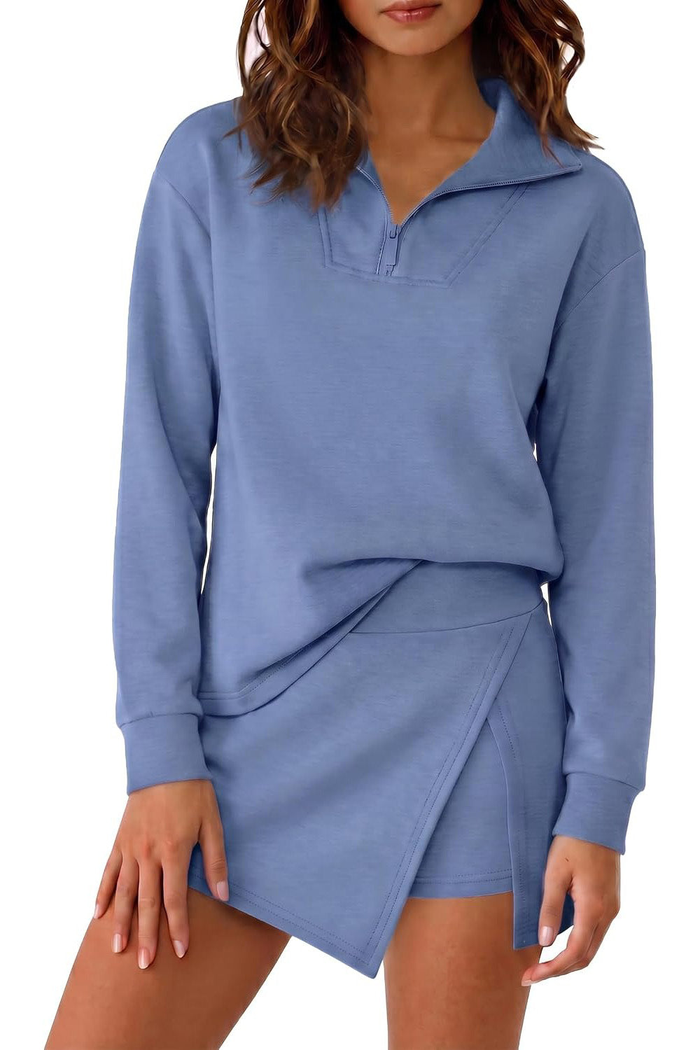 Women's Half Zip Long‑Sleeve Top & Wrap Skort 2 Piece Casual Set