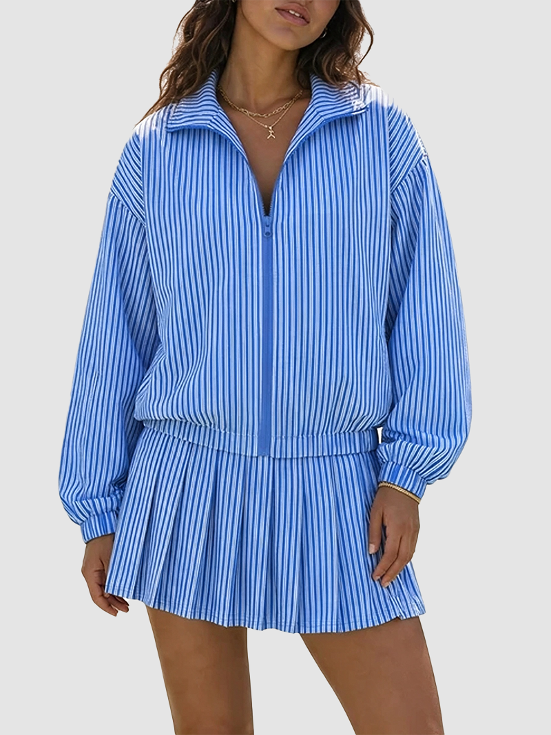 Women Casual Vertical Textured Two‑Piece Zip Jacket High Waist Pleated Skirt