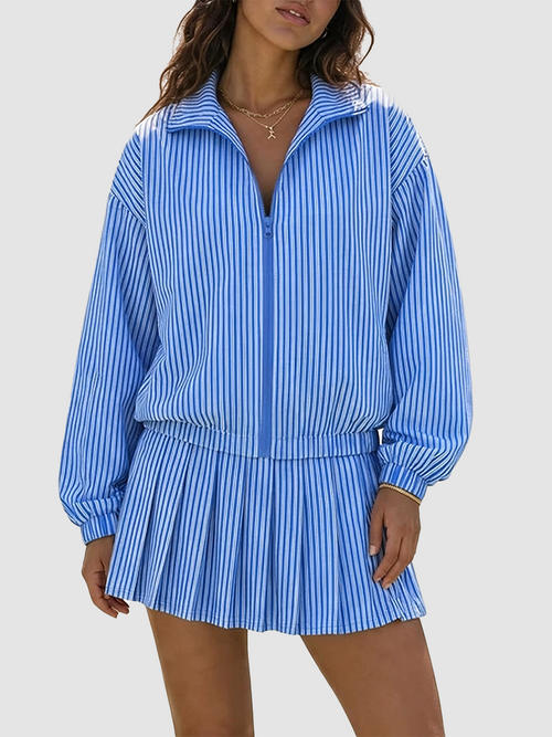 Women Casual Vertical Textured Two‑Piece Zip Jacket High Waist Pleated Skirt