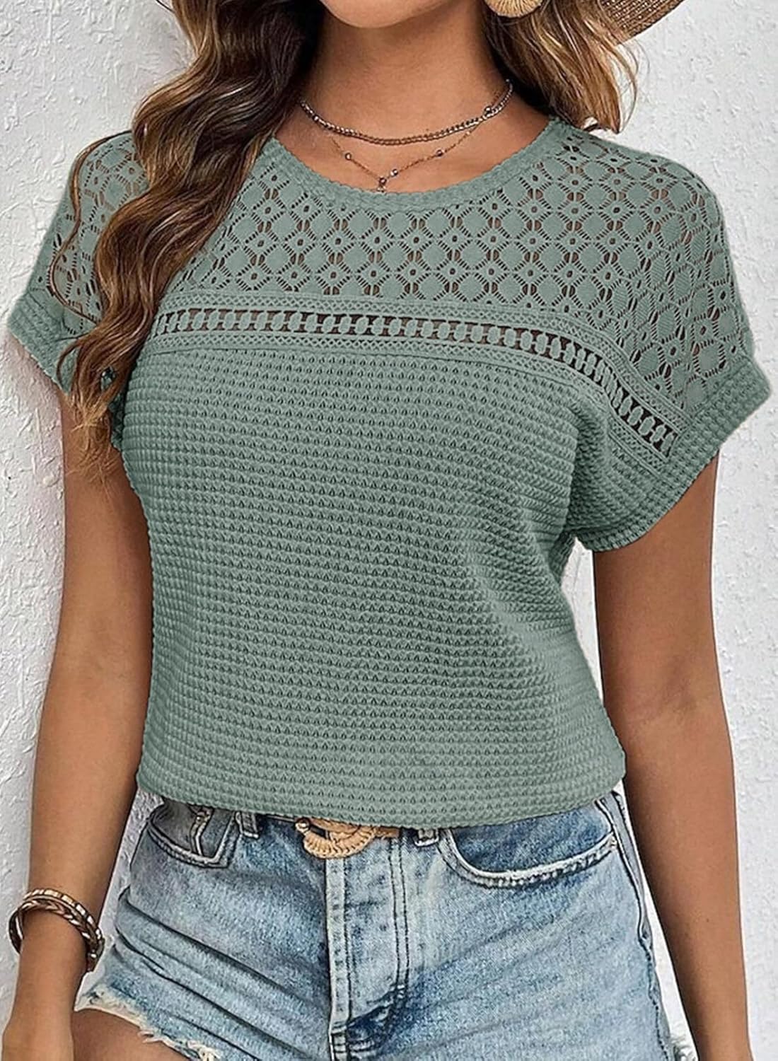 ✨Women's Casual Waffle Knit Hollow Out Short Sleeve Shirts