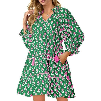 Women's Casual Floral Ruffle V-Neck Mini Dress with Pockets