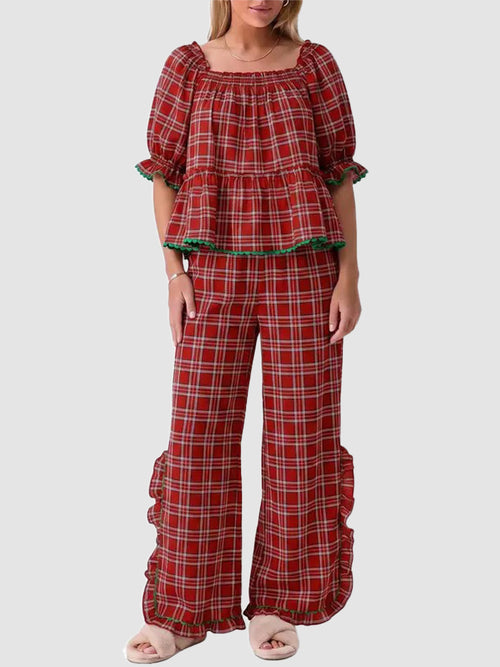 ✨Women's Christmas Plaid Ruffle Puff Sleeve Pajamas Set