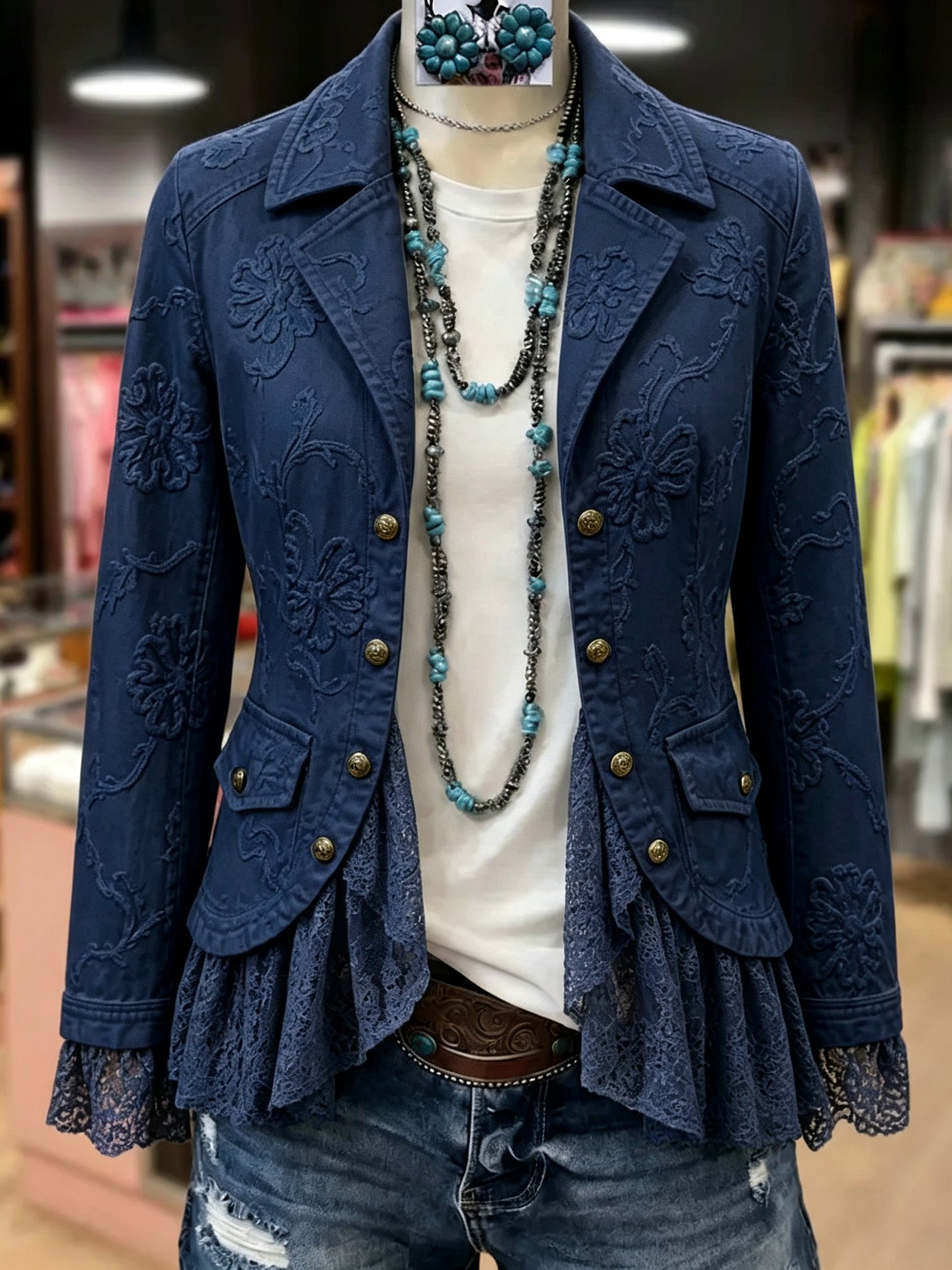 Women Floral Embroidery Lace Patch Long Sleeve Outer Jacket