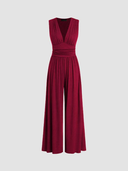 V-neck Ruched Solid Wide Leg Jumpsuit