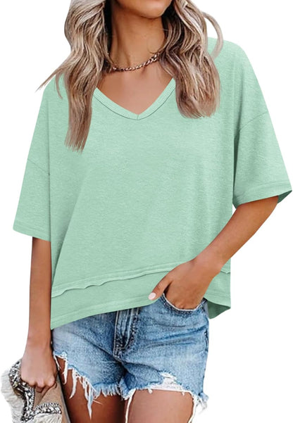Women's V-Neck Spliced Hem Casual Top