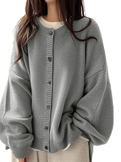 Loose Round Neck Knit Cardigan & Basic Button‑Up Lantern‑Sleeve Outer Top