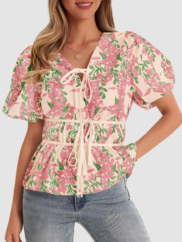Women Floral Polka Dot Leopard Puff Sleeve V Neck Tie Front Peplum Blouse