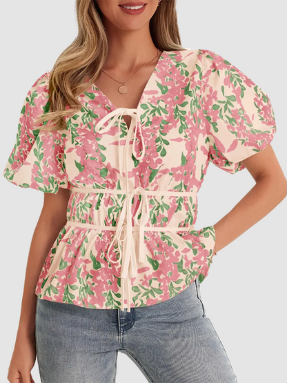 Women Floral Polka Dot Leopard Puff Sleeve V Neck Tie Front Peplum Blouse