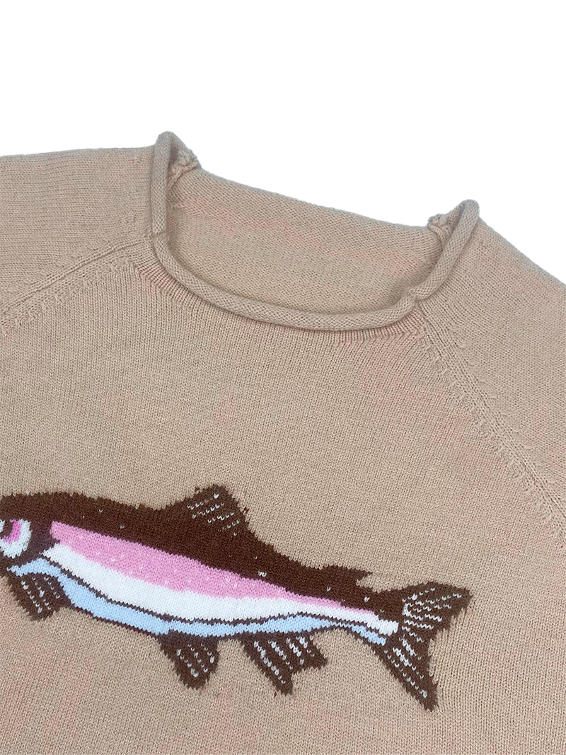 Fish Intarsia Knit Sweater Roll Edge Mock Neck Lantern Long Sleeve Loose Pullover