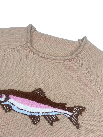 Fish Intarsia Knit Sweater Roll Edge Mock Neck Lantern Long Sleeve Loose Pullover