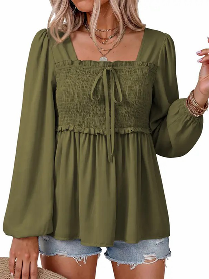 Women Loose Long Sleeve Square Neck Smocked Ruffle Peplum Casual Blouse