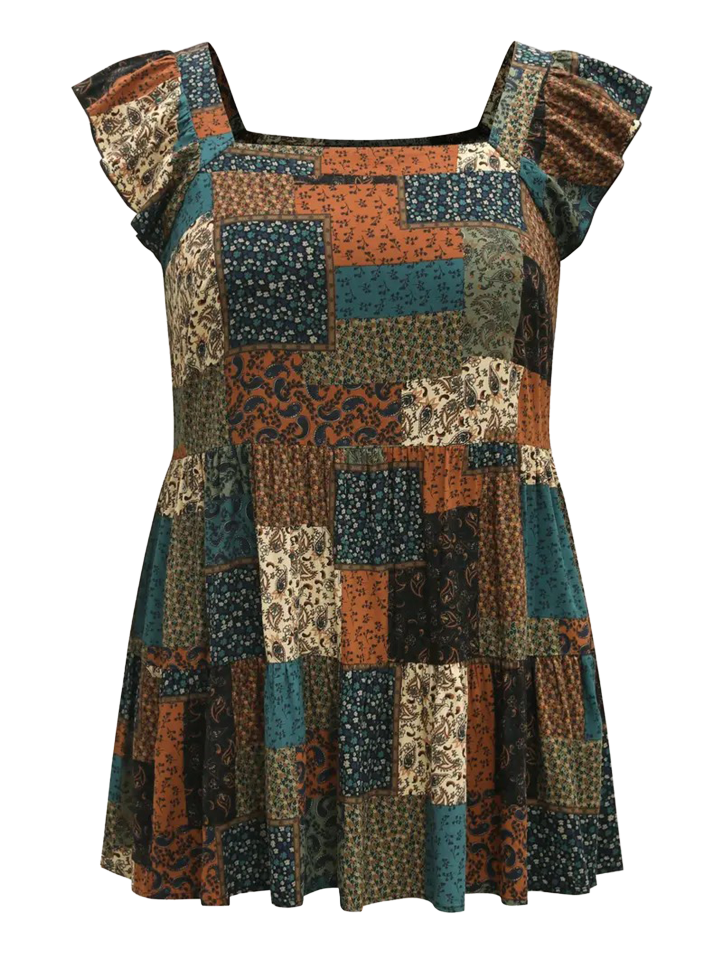 Women Plus Size Square Neck Sleeveless Floral Plaid Patchwork Boho Tunic Tank Top