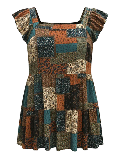 Women Plus Size Square Neck Sleeveless Floral Plaid Patchwork Boho Tunic Tank Top