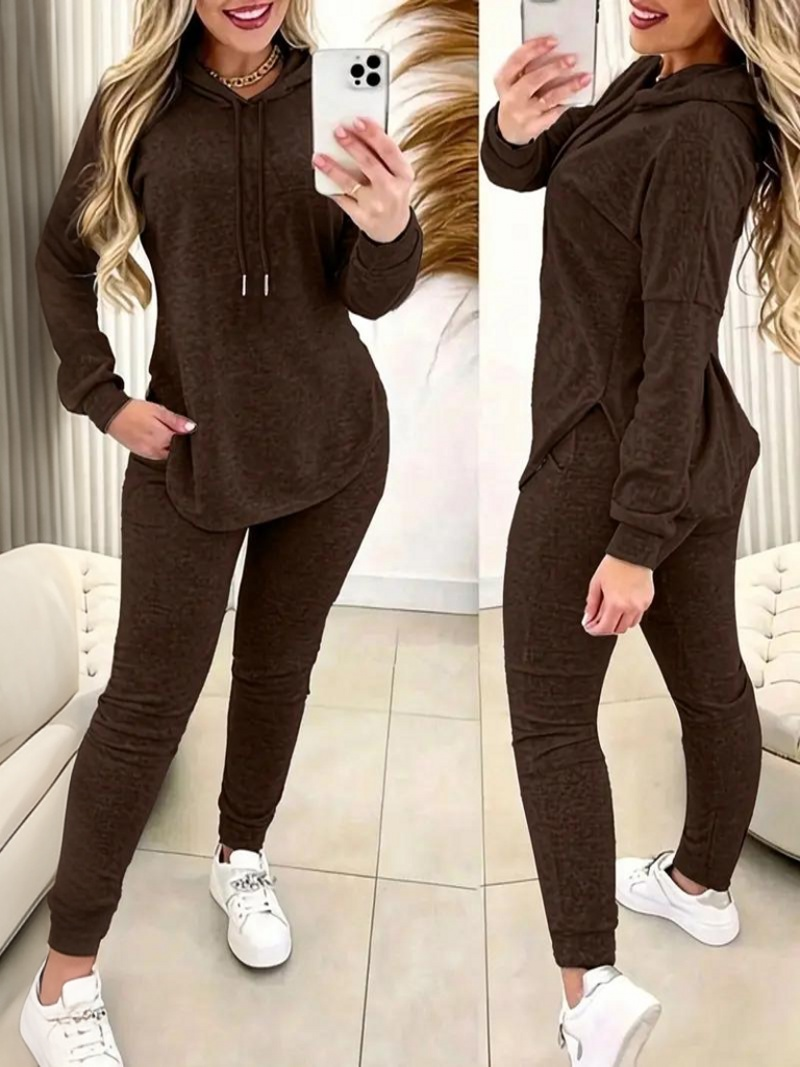 Women's Solid 2-Piece Outfit Drawstring Hooded Long Sleeve Top & Slim Fit Casual Pants
