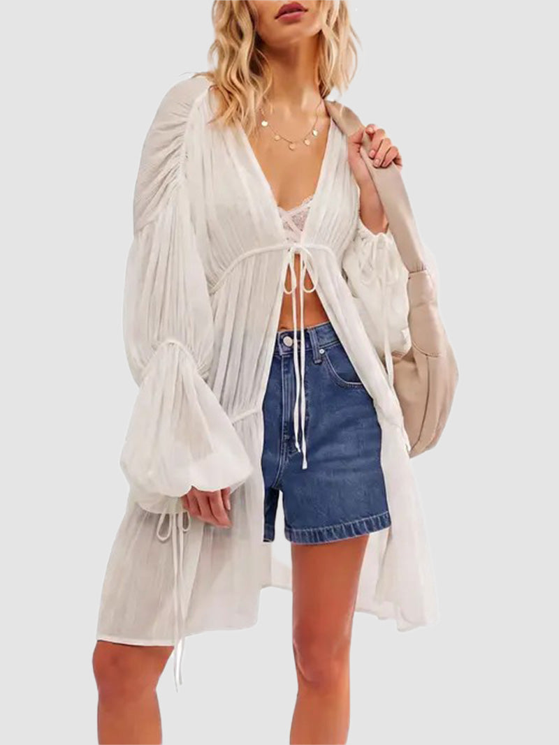 Women Boho Tie‑Front Long Duster Cardigan Lantern Puff Sleeve Outerwear