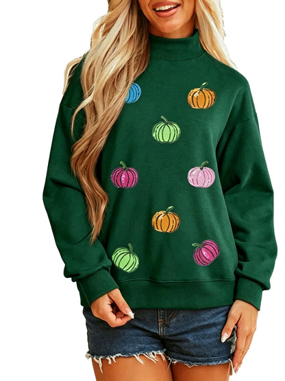 Women Sequin Pumpkin Pattern Mock Neck Sweatshirt Casual Pullover Tops