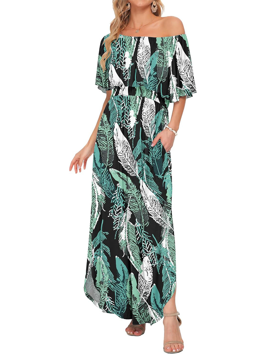 Limited time sale🔥Women's Off-Shoulder Floral Maxi Dress with Pockets & Side Slit