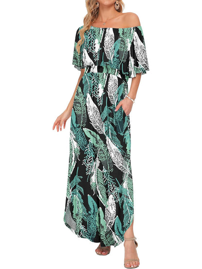 Limited time sale🔥Women's Off-Shoulder Floral Maxi Dress with Pockets & Side Slit