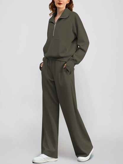 Women's Oversized Half Zip Wide Leg 2 Piece Outfits Lounge Set