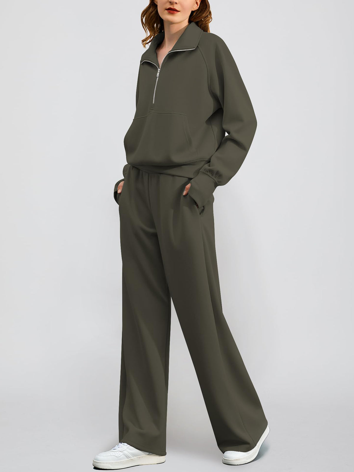 Women's Oversized Half Zip Wide Leg 2 Piece Outfits Lounge Set