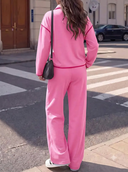 Contrast Piping Long Sleeve Wide Leg Pant Set