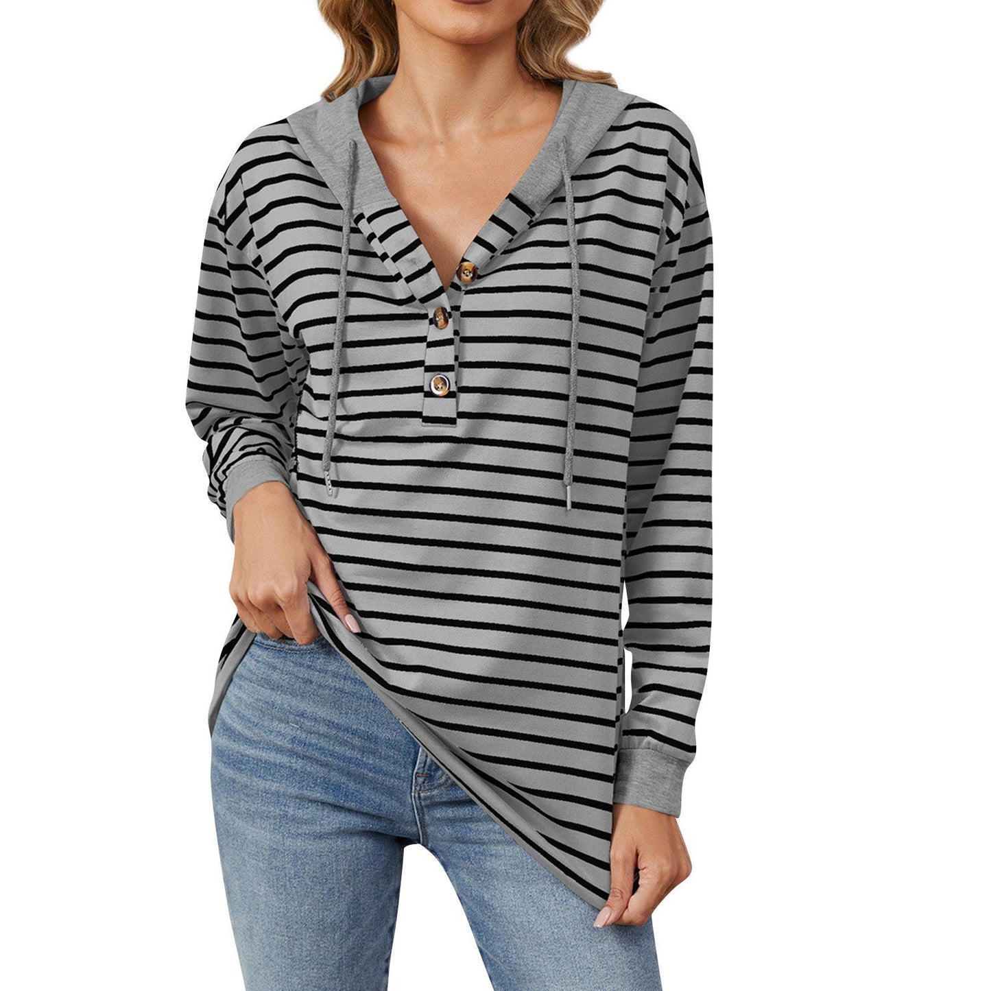 Women's Drawstring Striped Long Sleeve Hoodie