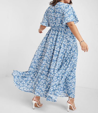 Flutter Sleeve Ditsy Floral Split Maxi Dress