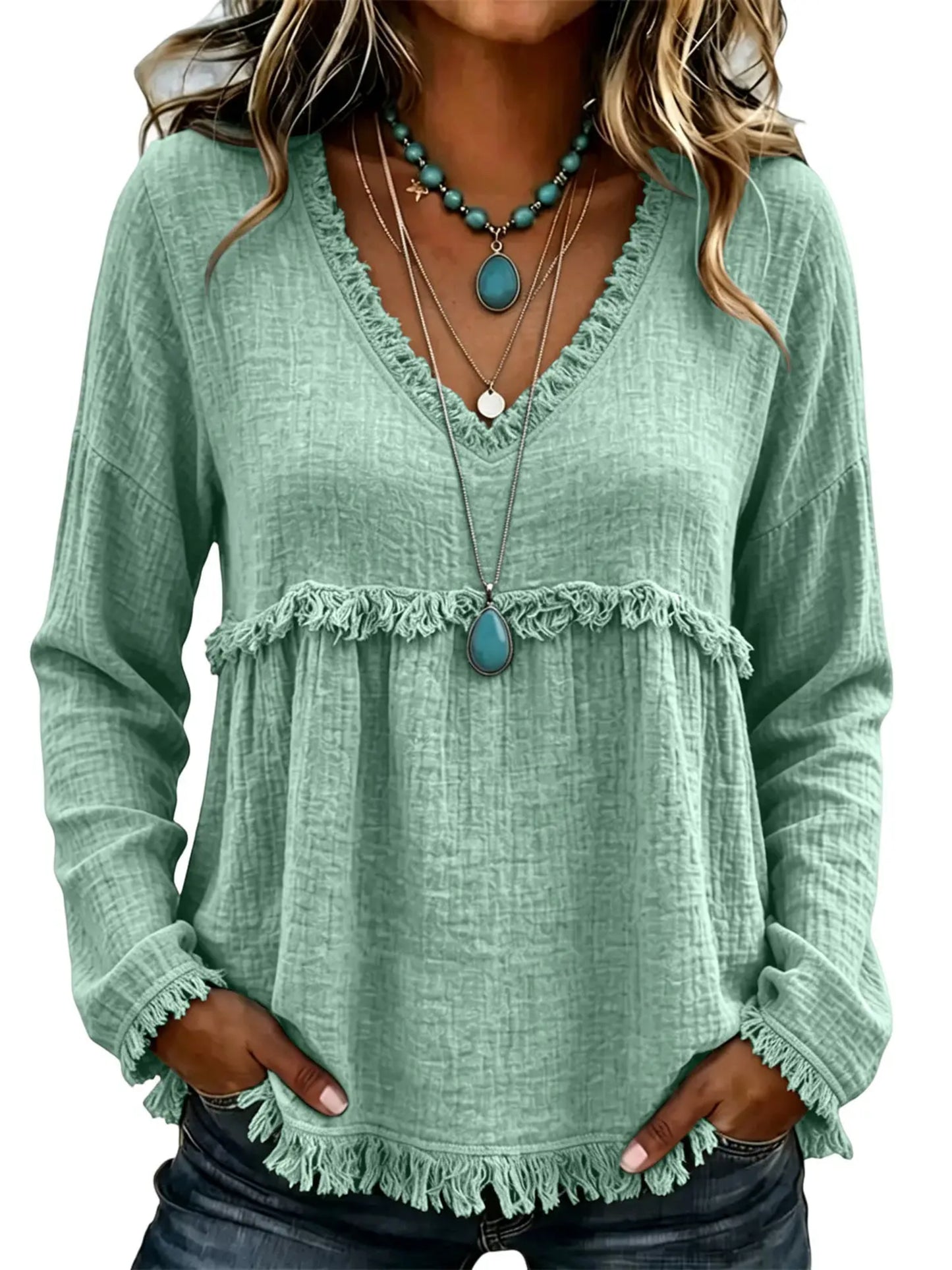 Boho V‑Neck Fringe Long Sleeve Top | Babydoll Loose Silhouette