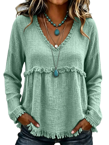 Boho V‑Neck Fringe Long Sleeve Top | Babydoll Loose Silhouette