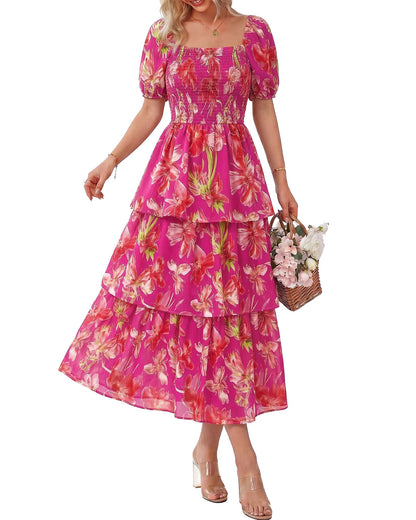 Limited time sale🔥Women's Floral Square Neck Puff Short Sleeve Smocked Tiered Dress
