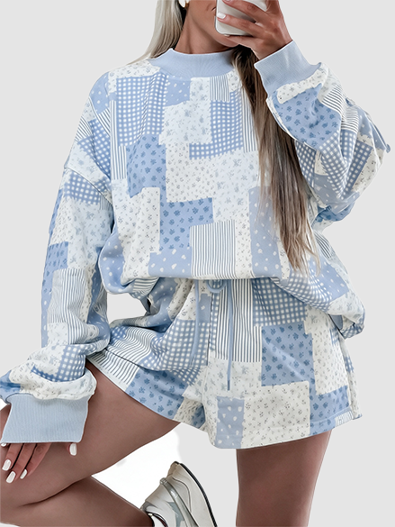 Women's Blue Patchwork Floral Print 2-Piece Loungewear Set