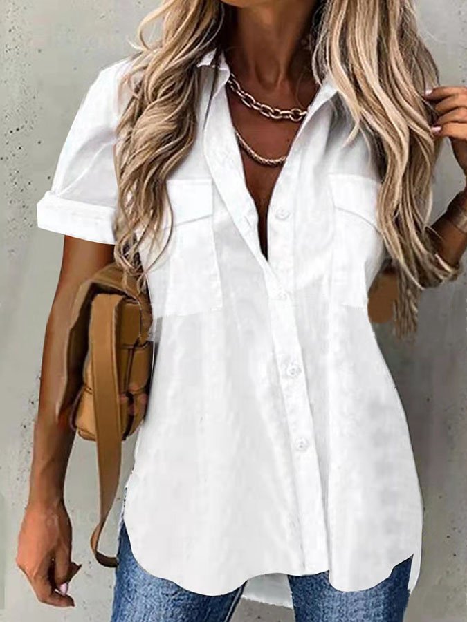 Single Breasted Short Sleeve Solid Color Shirt