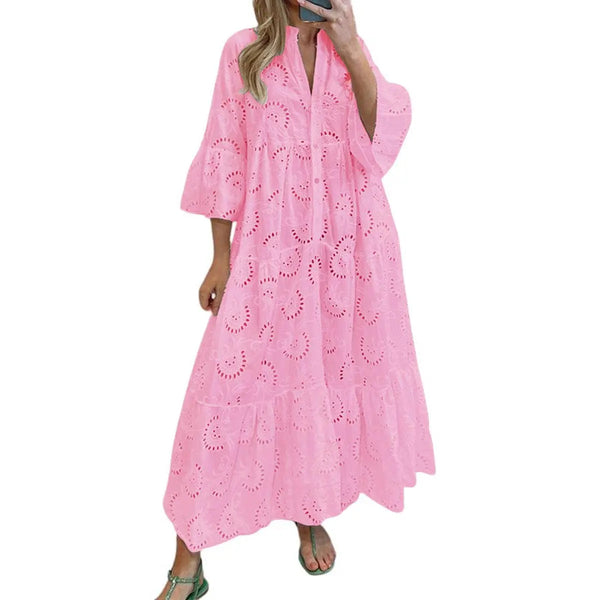 Women's Boho Lace Eyelet Embroidery Maxi Dress