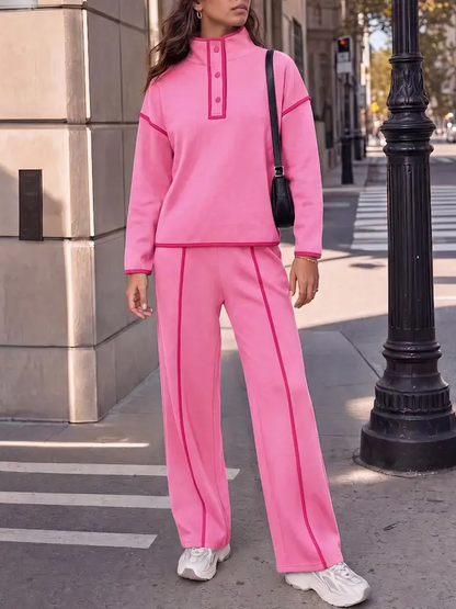 Contrast Piping Long Sleeve Wide Leg Pant Set