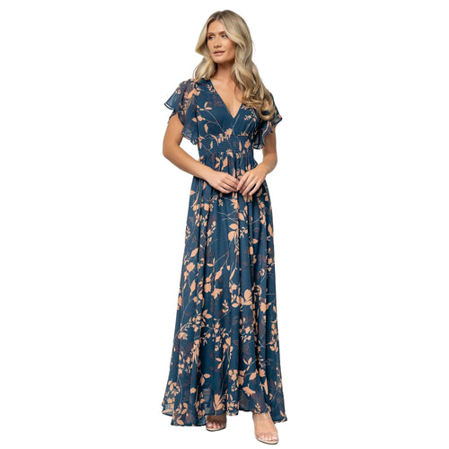 Women's Floral V-Neck Flutter Sleeve Maxi Dress