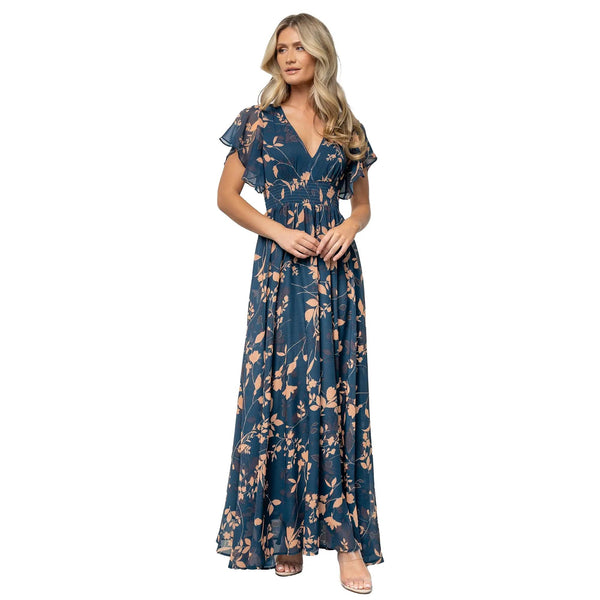 Women's Floral V-Neck Flutter Sleeve Maxi Dress