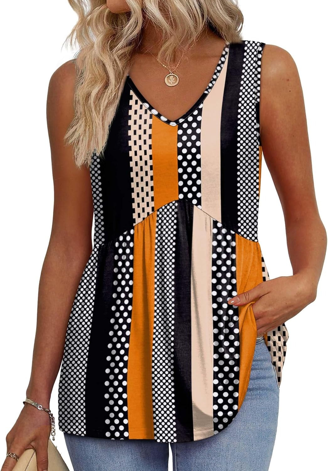 📣Women's Print Flowy Sleeveless V Neck Peplum Tank Tops