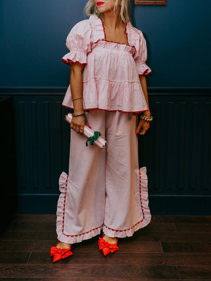 Women's Plaid Ruffle Puff Sleeve Pajamas Set