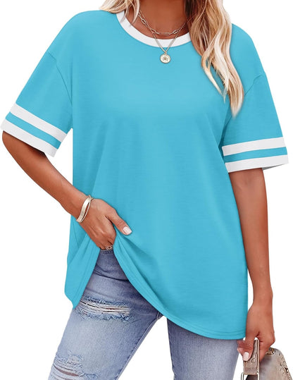 ✨ Women's Oversized Crew Neck Colorblock Striped Sleeve T-shirt